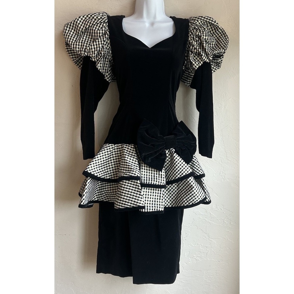 Vintage 80s Deborah Laws Black Velvet Puff Sleeve Party Dress 4 Gingham Glam
